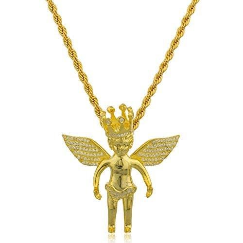925 Sterling Silver Goldtone Angel with Crown and Clear Cz Stones Micro Pendant with a 3mm Brass Rope Chain Necklace (24 inches)