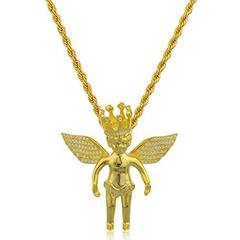 925 Sterling Silver Goldtone Angel with Crown and Clear Cz Stones Micro Pendant with a 3mm Brass Rope Chain Necklace (24 inches)
