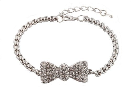 2 Pieces of Silver Iced Out Bow Tie Shamballah Box Chain Adjustable Bracelet