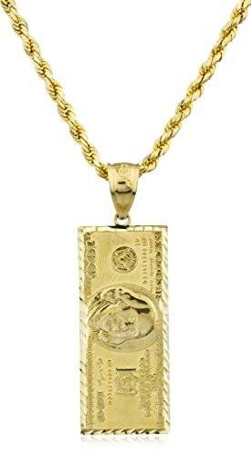 10K Yellow Gold $100 Dollar Benjamin Pendant D-cut Rope Chain Necklace