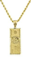 10K Yellow Gold $100 Dollar Benjamin Pendant D-cut Rope Chain Necklace