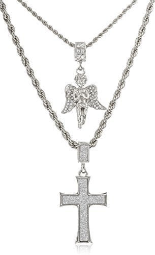 Double Layer Necklace with Sandblast Large Cross & Angel Pendants 22-28 Inch Rope Chain Necklace (Silvertone)
