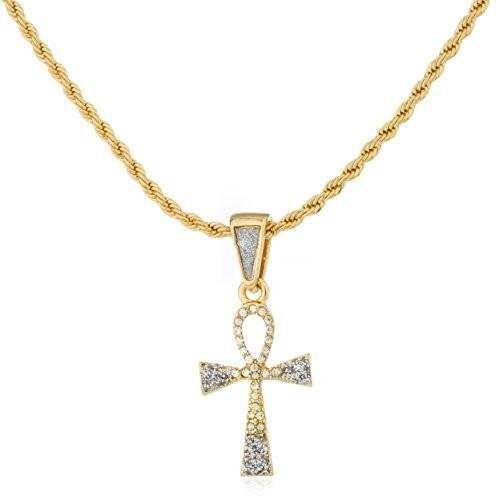 Goldtone Iced Out Ankh Cross Mini Sandblast Pendant with a 24 Inch Rope Necklace