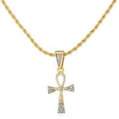 Goldtone Iced Out Ankh Cross Mini Sandblast Pendant with a 24 Inch Rope Necklace
