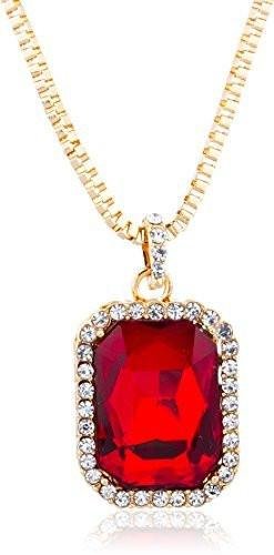 Goldtone Red Square Pendant & 24 Inch Box Necklace