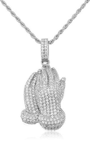 925 Sterling Silver Prayer Hands with CZ Stones and a 24 Inch Rope Chain Necklace (Available in Goldtone and Silver)