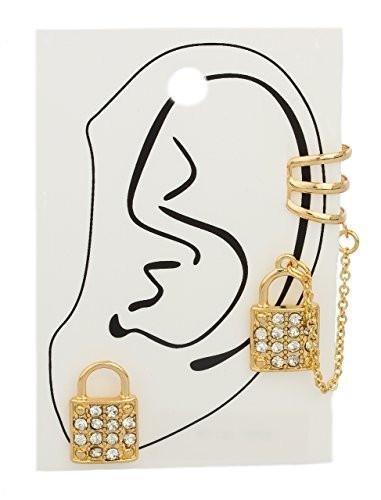Goldtone Lock with Stones Ear Cuff and Ear Lobe Earring with Link Chain