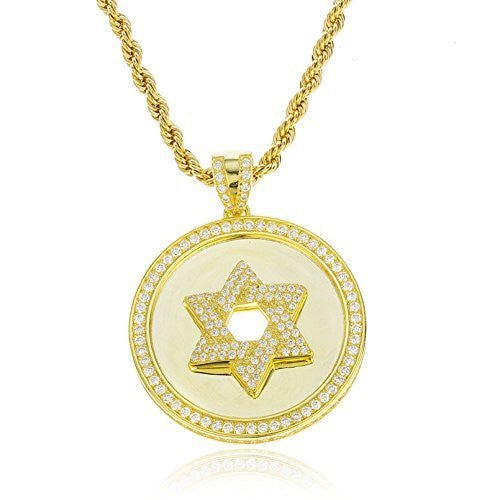 925 Sterling Goldtone Circular Star Of David Pendant with Cubic Zirconia Stones and a 24 Inch Brass 3mm Rope Necklace