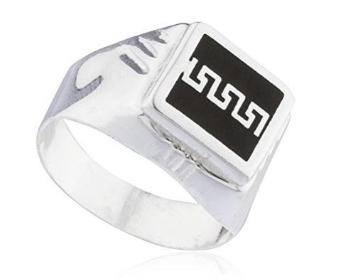 925 Sterling Silver Greek Key Link Grooved Square Ring