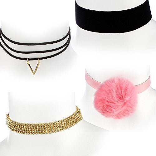 The Ultimate Collection Set of Four Choker Set (Pink w/ Faux Pom Pom ,Thick Black Velvet, Layered w Chevron Pendant,Stone Choker)
