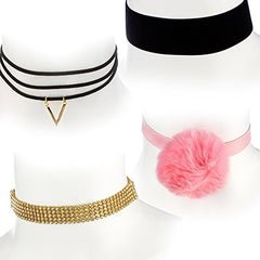 The Ultimate Collection Set of Four Choker Set (Pink w/ Faux Pom Pom ,Thick Black Velvet, Layered w Chevron Pendant,Stone Choker)