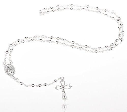 925 Sterling Silver 4mm 24 Inch Beaded Rosary Necklace with Dangling Cross