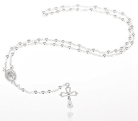 925 Sterling Silver 4mm 24 Inch Beaded Rosary Necklace with Dangling Cross