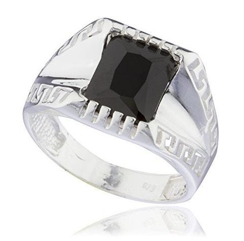 925 Sterling Silver Greek Key Link Band Ring with Black Square Cz Stone