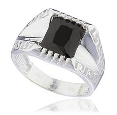 925 Sterling Silver Greek Key Link Band Ring with Black Square Cz Stone