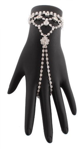 2 Pieces of Silvertone Iced Out Dolphin Tail Style Adjustable Finger Ring Hand Chain Bracelet