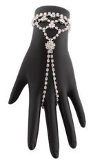 2 Pieces of Silvertone Iced Out Dolphin Tail Style Adjustable Finger Ring Hand Chain Bracelet