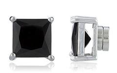 Silvertone Magnetic Earrings with Black Cz Square - 4mm to 12mm