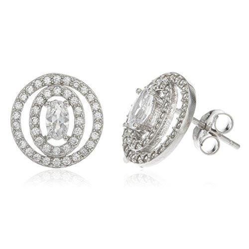 Sterling Silver Stud Earrings Oval Double Layer with Clear Cz Stones 12mm