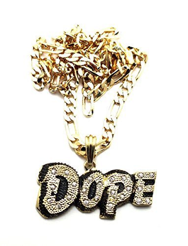 Small Goldtone Iced Out "Dope" Pendant with a 24 Inch Figaro Chain