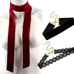 Ultimate Collection Set of Three Choker Set (Burgandy Wrap Around Tie,Flower Design ,Thick Velvet)