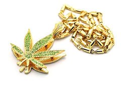 Small Goldtone with Green Iced Out Marijuana Pendant with a 24 Inch Box Chain Necklace