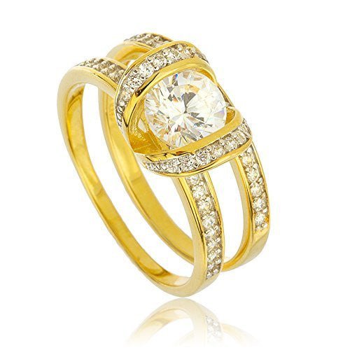 925 Sterling Sterling Silver Goldtone with Suspended Round Cz Stone Engagement Ring 2 Piece Set Sizes 7-9