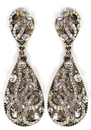 Antique Goldtone with Clear Iced Out Vine Twist Teardrop Shaped 3.25 Inch Dangle Clip on Earrings