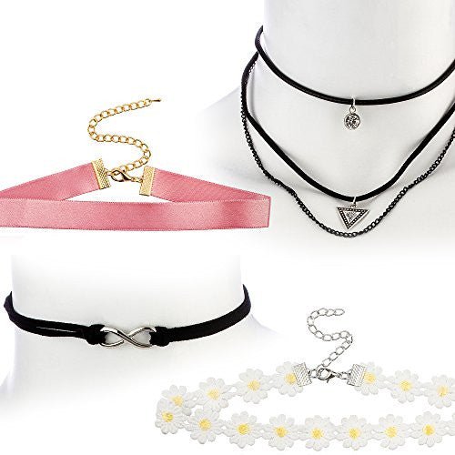 Ultimate Collection Set of Four Choker Set (Black Layered w Infinity, 3 Layer w Pyramid, Pink Satin, Daisy Choker), Bow Tie Wrap Around