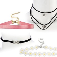 Ultimate Collection Set of Four Choker Set (Black Layered w Infinity, 3 Layer w Pyramid, Pink Satin, Daisy Choker), Bow Tie Wrap Around