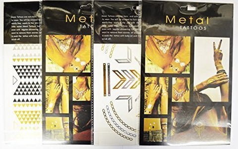 Metal Tattoos in Gold and Silver - Pack of Four Assorted Styles Bracelets, Necklaces, and Popular Symbols