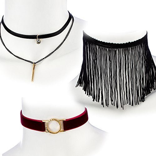 Ultimate Collection Set of Three Choker Set (Black Fringe, Burgundy Velvet w/ Open Circle, Layered w/ Stone & Bar)