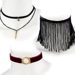 Ultimate Collection Set of Three Choker Set (Black Fringe, Burgundy Velvet w/ Open Circle, Layered w/ Stone & Bar)