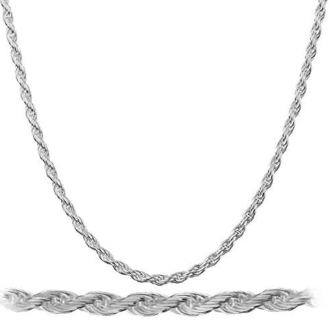 925 Rhodium Plated Sterling Silver 2mm Rope Chain Necklace - All Lengths Available