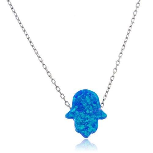 Silver Link Necklace with Light Blue Opal Hamsa Pendant