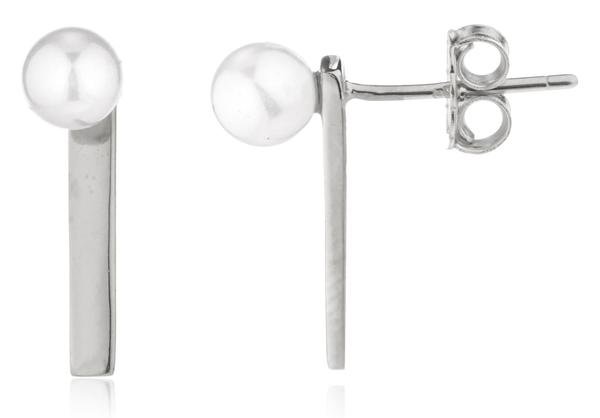 925 Sterling Silver Basic Vertical Bar With Simulated Pearl Stud Earrings - Available In Vermeil And Rhodium