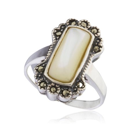 925 Sterling Silver Swiss Marcasite Rectangle Off-White Ring