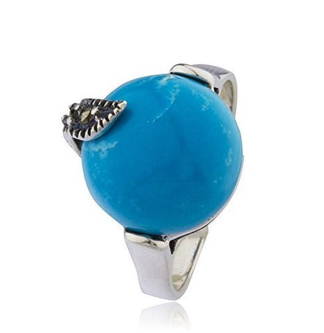 925 Sterling Silver Swiss Marcasite Round Turquoise Ring