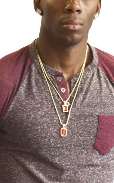 Goldtone Simulated Gemstone Micro Pendants with 22.5" and 27" Rope Chain Layered Necklace Set - Available in Red, Green & Black