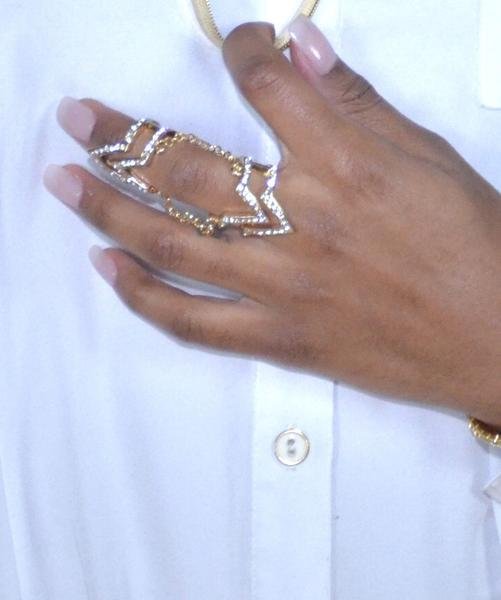 Goldtone Iced Out Chevron Full Finger 'V' with Clear Stones Midi Finger Ring