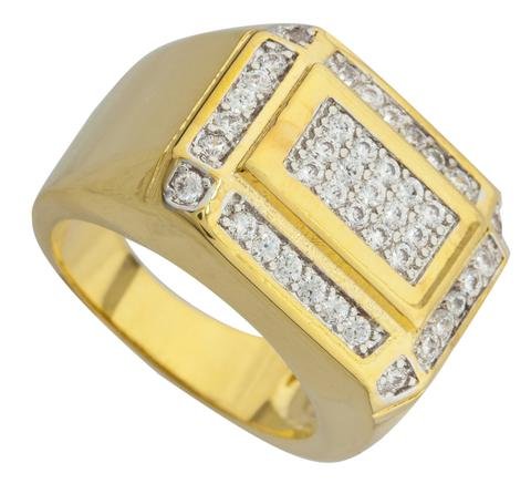 Men's Goldtone Iced Out Curved Layered Rectangle Ring Sizes 7-12
