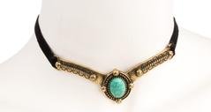 Antique Design Velvet Choker Necklace with Simulated Turquoise Pendant and Adjustable Closer