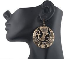 Antique Goldtone Embedded Nefertiti, Ankh Cross And Wings Design Dangle Earrings