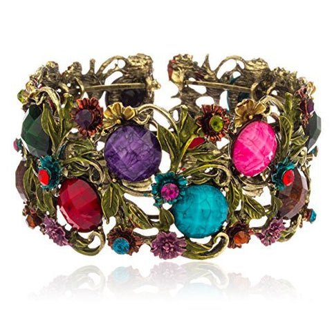 Antique Goldtone With Multicolor Ancient Flower Design Cuff Bangle With Crystals & Stones