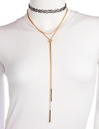 Black Elastic Stretch Choker With A Goldtone Rope Knot Chain Necklace