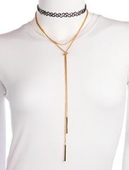 Black Elastic Stretch Choker With A Goldtone Rope Knot Chain Necklace