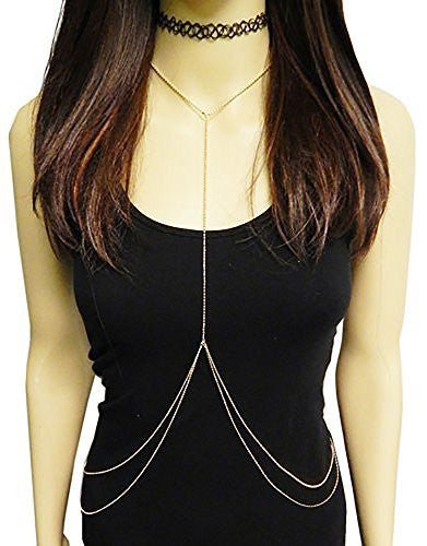 Black Elastic Stretch Choker With Goldtone Beaded Ball Body Chain