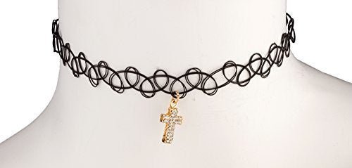 Black Elastic Stretch Choker With Goldtone Cross With Stones