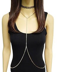 Black Elastic Stretch Choker With Goldtone Iced Out Body Chain