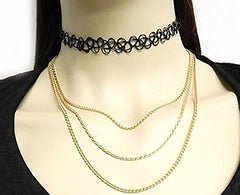 Black Elastic Stretch Choker With Goldtone Layered Chain Necklaces